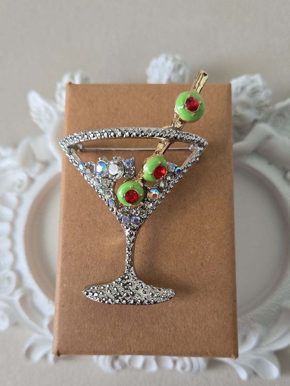 Crystal Martini Glass Brooch with Green Olive Accents